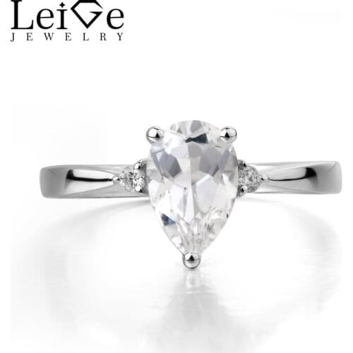 Leige Jewelry Natural White Topaz Ring Promise Ring November Birthstone Real 925 Sterling Silver Water Drop Shape Fine Jewelry