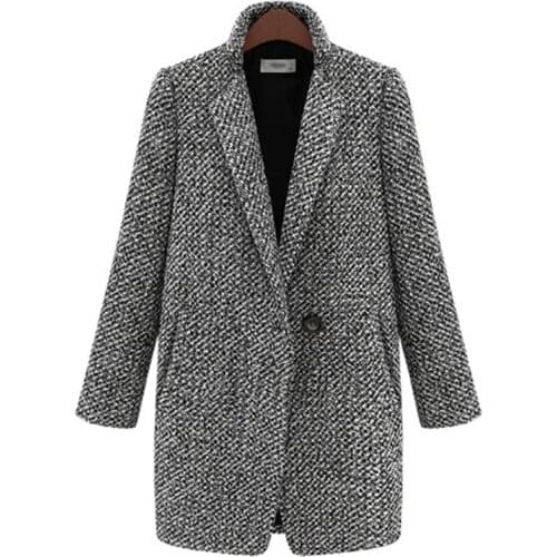 Woman Coat Oversize Warm Autumn Winter Woolen Single Button Pocket Long Trench Outerwear Women Houndstooth Cotton Blend Coat