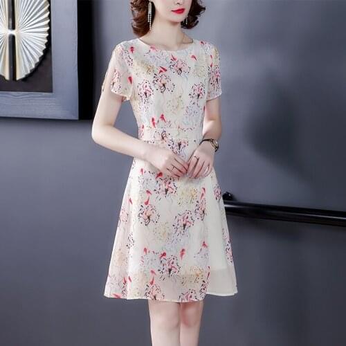 Summer Dress Ladies Casual Floral Print A-Line Knee-Length Korean Style Dress Womens Elegant Silk Party Slim Dress 2021 New