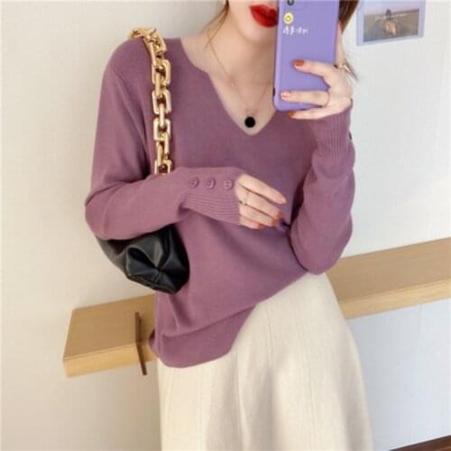 Winter Knitting Sweater Pullover Basic Sweaters V-Neck Long Sleeve Solid Thin Emale Casual Loose Fall Clothes for Women
