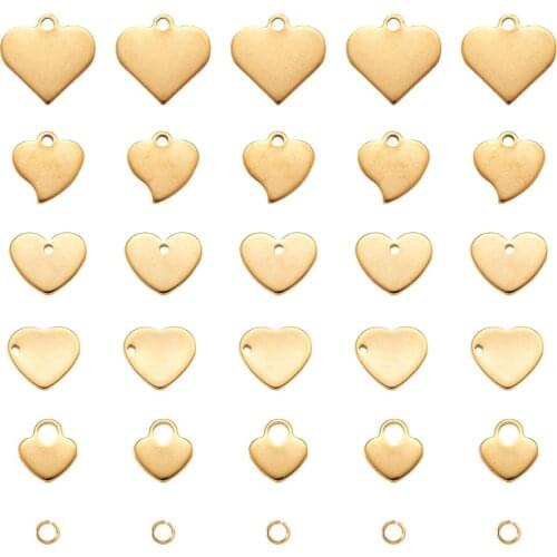 30Sets Stainless Steel Heart Charms Polished Golden Color Blank Stamping Tag Pendants 5 Styles with Jump Rings for DIY Necklace