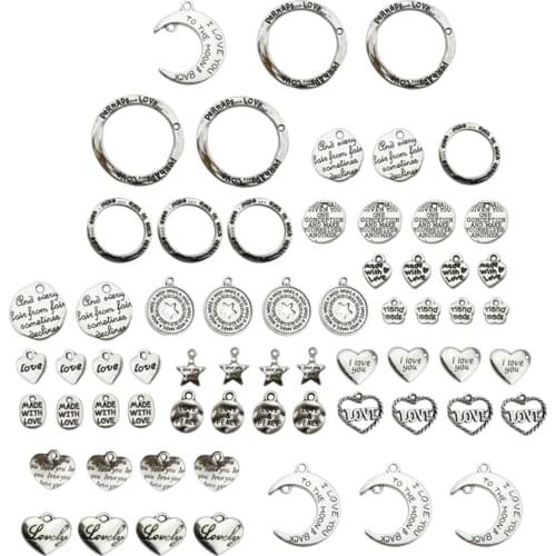 64Pcs Antique Silver Pendant Charms Heart Letter Charms Pendants Jewelry Charms