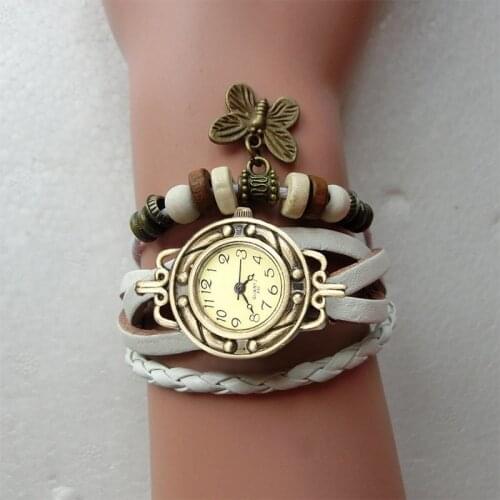 Women Retro Bracelet Wrist Watch Weave Wrap Faux Leather Butterfly Beads Pendant Chain A66