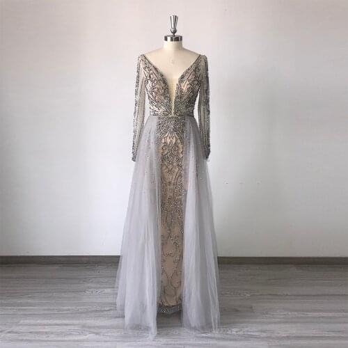 Elegant Mermaid Evening Dress for Women 2020 Long Sleeves V Neck Luxury Crystal Handmade Formal Party Gowns