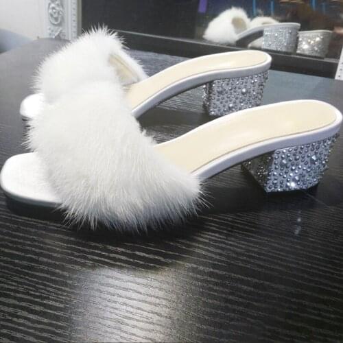 Fur Slippers Women Summer Shoes Mink Hair Ladies Shoes Crystal 5vm Block Heel Shoes 2019 New Outdoor Slides Red Fashion Shoes