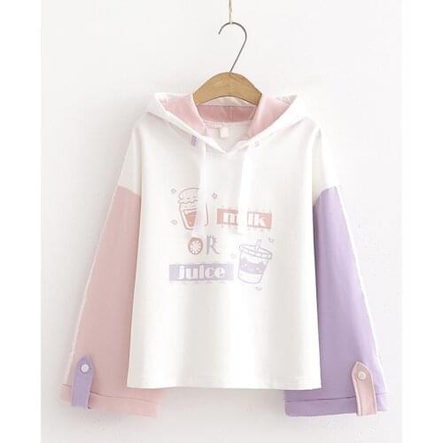 Harajuku Mori Girl Kawaii TeenGirl Hoodies Cute Cat Cartoon Women Sweetshirts Hoody Sweatshirt Long Sleeve Patchwork Hoodie