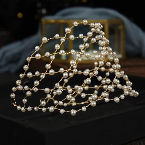 Fashion Luxury Pearl Braided Golden Hair Band Ladies Wedding Banquet Dress Hair Accessories Holiday Party Fairy Hair Net Jewelry