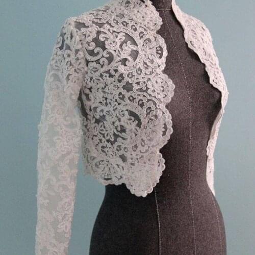 Fashion Front Open White Ivory Bolero For Wedding Bridal Dress Jackets Long Sleeve Top Lace Appliques Custom Jacket