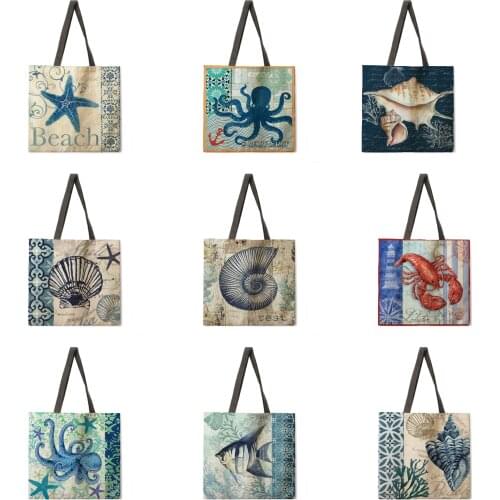 Marine life linen fabric casual tote bag foldable shopping bag reusable beach bag lady shoulder bag