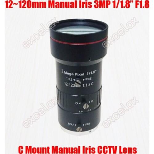 3MP 1/1.8" 12-120mm F1.8 IR C Mount Manual Iris Varifocal CCTV Lens for 1.3MP 1080P 2MP 3 Megapixel Analog IP Body Box Camera