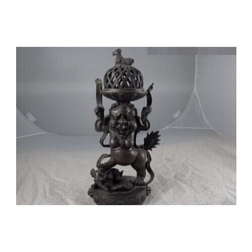 Song voge gem S1201 Chinese Royal Pure Copper Bronze Elephant Foo Dogs Lion Censer incense burner