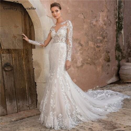 Long Sleeve Mermaid Wedding Dresses Lace Appliques Illusion Top Elegant Bridal Gowns Plus Size Vestido De Noiva
