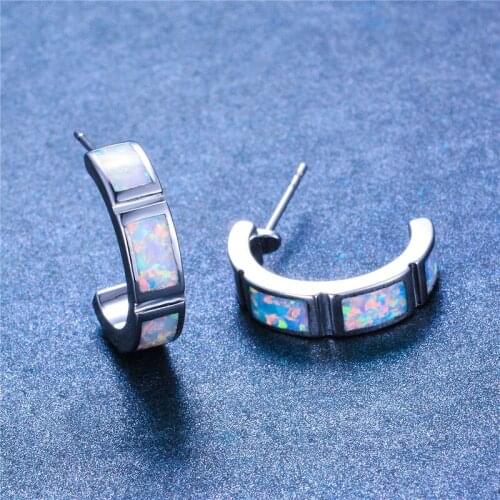 Luxury Female Small Square Stone Stud Earrings Geometric White Blue Opal Earrings Dainty Silver Color Wedding Earrings For Women