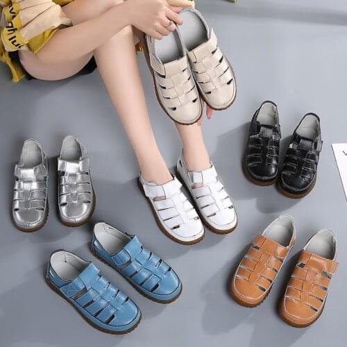 Tilocow Summer Shoes Ladies Genuine Leather Flats Shoes Female Sandals Sewing Hollow Out Sandals Comfort Female Casual Footwear