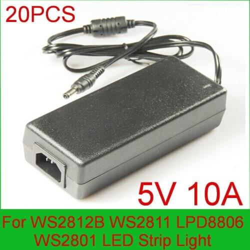 High quality 20PCS DC 5V 10A LED Power Supply For WS2812B WS2811 LPD8806 WS2801 LED Strip Light