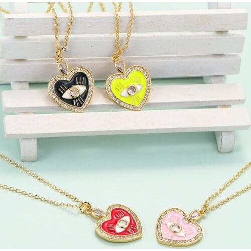 EYIKA Colorful Enamel Dainty Chain Zircon Heart Evil Eye Pendant Choker Necklace for Women Jewelry Accessories Valentines Gift