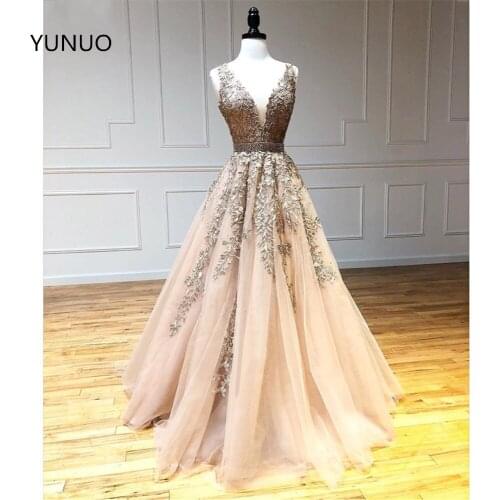 YUNUO Lace Illusion Deep V Neck Evening Pageant Gowns Dresses Tulle Beaded Belt A-line Prom Dress For Women Formal Party