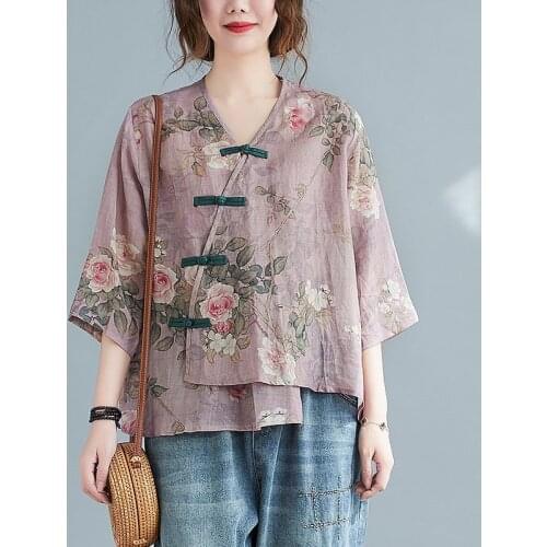 Women Summer Cotton Linen Casual Shirts New 2021 Chinese Style Vintage V-neck Floral Print Loose Female Half Sleeve Tops B304