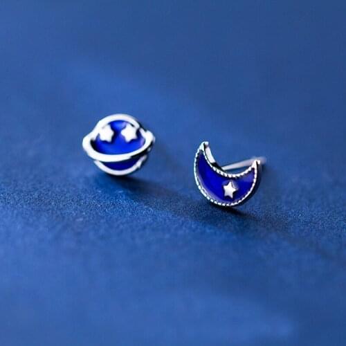 MloveAcc 925 Sterling Silver Brincos Blue Planet Moon and Star Stud Earrings for Women Sterling Silver Jewelry S925