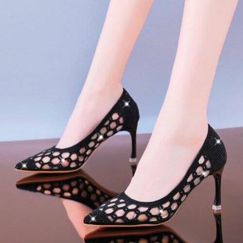Women Pumps Fashion High Heels Stiletto Party Shoes Woman Sexy Ladies Point Toe Mesh Cut Out Summer Shoes Gold Black