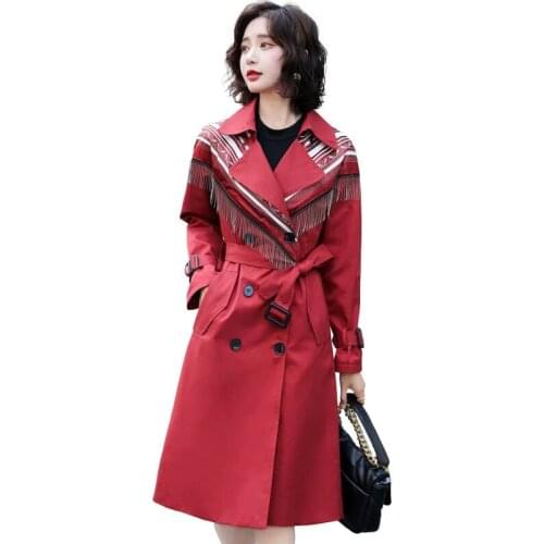 Women Trench Coat Autumn New Womens Windbreaker High-end tassel British style Double breasted Female Outwear Overcoat Tops
