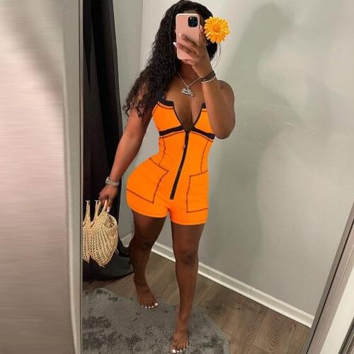 Neon Orange Striped Patchwork Slim Rompers for Women Spaghetti Strap Deep V Neck Skinny Jumpsuit Fashion Zipper Front Playsuit