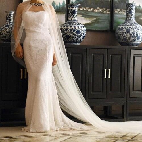 ZMG28 3M Long Wedding Shawl Tulle Blue Rhinestone Bridal Cape Cloak Shawl Cover over the Shoulder for Formal Party Womens cape