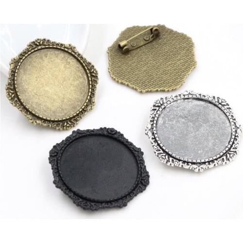 5pcs/lot 30mm Inner Size Black and Antique Silver Plated And Bronze Colors plated Brooch Pin Flower Style Cabochon Base Setting