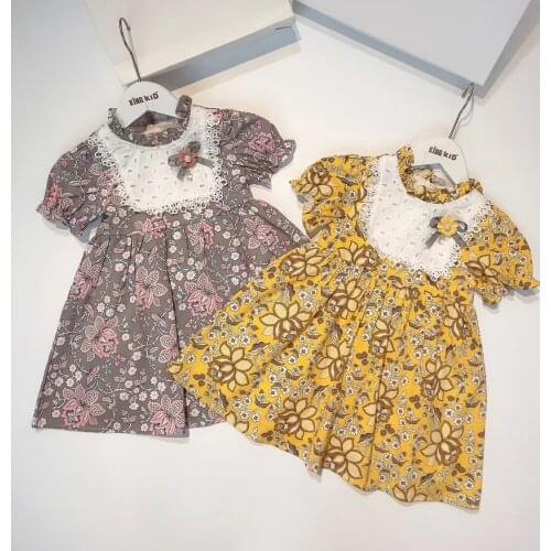 6354 Flowers Print Lace Embroidery Princess Baby Girl Dress New Summer Party Kid Dress For Girl Wholesale Children Child Clothes