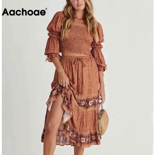 Aachoae Women Chic Floral Print 2 Piece Set Ruffle Long Sleeve Cropped Blouse With High Waist Midi Skirt Ladies Boho Outfits