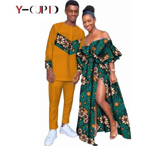 African Clothes for Couples Bazin Riche Sexy Women Vestidos Ankara Print Ruffle Dresses Men Patchwork Tee and Pants Sets S20C004