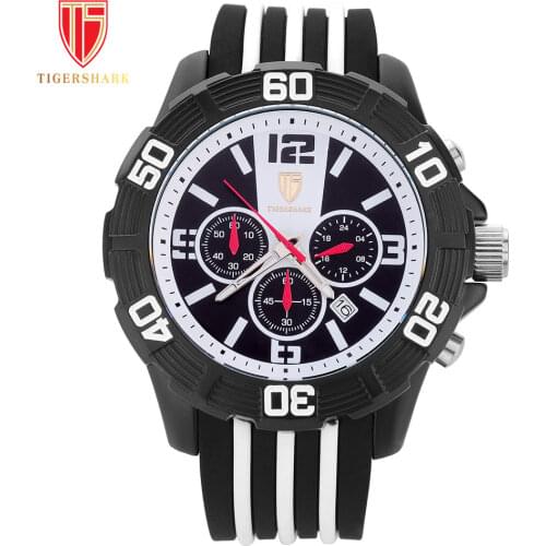 TIGERSHARK Men Sport Watch Top Brand Chronograph Quartz Watches male clock Auto Date 30M Waterproof gift Box Relogio Masculino