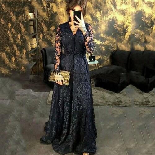 Black Lace Moroccan Kaftan Evening Dresses V Neck Arabic Muslim Special Occasion Dresses Long Sleeves Formal Prom Dresses