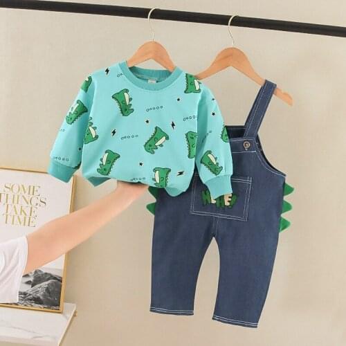 Kids Clothes 2021 New Boys And Girls Baby Suit Long-Sleeved Suit Cartoon Suit Dinosaur Strap Two-Piece 1-4Year
