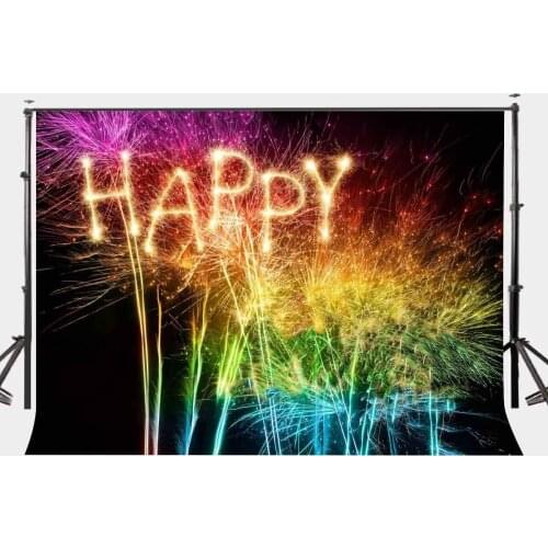 7x5ft Colorful Fireworks Backdrop HAPPY Word Pattern Photography Backdrop Party Night View Photo Video Shooting Props