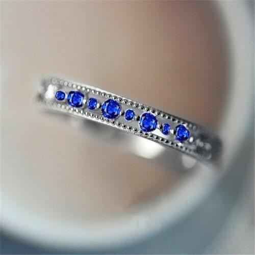 White Gold Filled Stacking Rings For Women Small Zircon Blue Crystal Minimalist Thin Ring Female Wedding Bands Jewelry