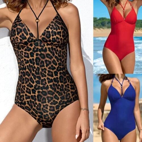 Swimwear One Pieces Women Bikini 2019 Summer Plain Leopard Print Swimsuit Halter Leotard Ladies Bathing Suit Swimwear Beachwear