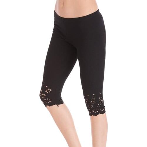 Summer New Women Knitted Hollow Out Flower Leggings Elastic Slim Mid-calf Black White Cropped Pants Female Stretch trousers