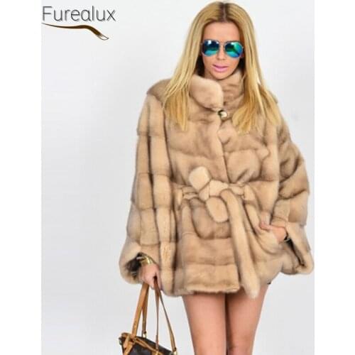 FUREALUX 2021 New Fashion Real Mink Fur Coat Handmade Natural Mink Thickened Warm Winter Womens European Street Style Cloak