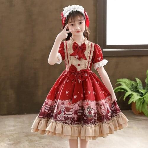 Lovely Girls Lolita Dress Summer New Princess Evening Party Teenage Bow Puff Sleeve Kids Grace Lace Cartoon Ropa de mujer