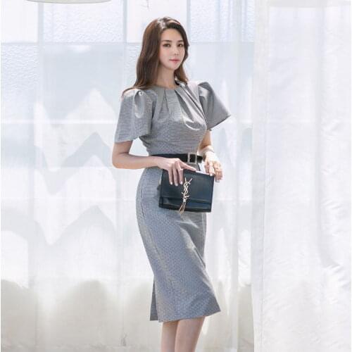 Fashion Elegant Korean Women Dress 2020 New Spring Design Plaid Print Short Sleeve Slim Dress OL Office Vestidoes Female