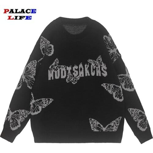 Hip Hop Mens Knitwear Sweaters 2021 Harajuku Fashion Dark Butterfly Print Loose Tops Casual Streetwear Pullover Sweaters Women