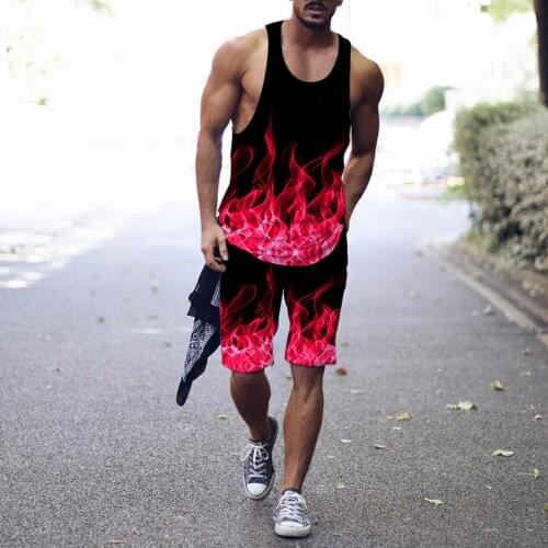 Men Running Sleeveless Sportswear Set Basketball Jersey Suit For Youngster Workout 3d Flame Print Plus Size Tracksuit #T3G
