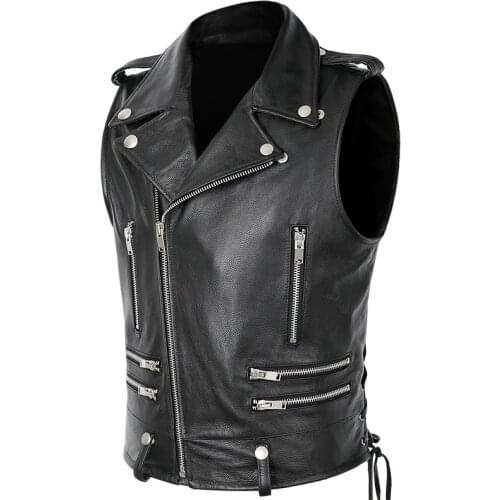Mens Motorcycle Biker Genuine Cowhide Leather Vest Real Leather Waistcoat Zippers Pockets Punk Sleeveless Jacket Adjustable Side