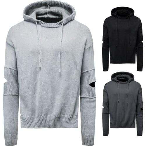 Men Hooded Casual Sweaters Holes Pullovers Sweatercoats New Fashion Men Slim Fit Outwear Sweaters Good Quality Men Sweaters