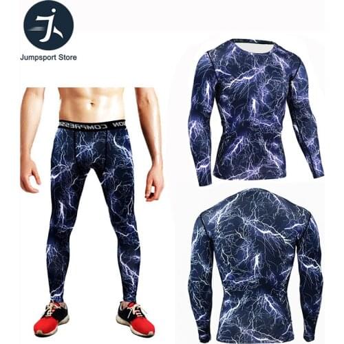 Men sports run set tracksuits compress shirt fitness pants skin tight long sleeves rashguard training clothes mma gym yoga suit