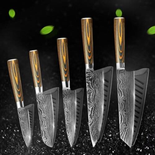 5pcs Damascus Kitchen Knife Set Laser Pattern Professional Santoku Unility Chef Knives Cooking Tools