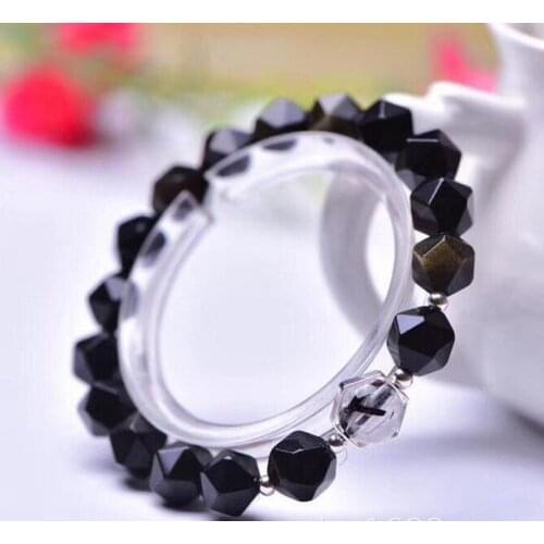 Natural gold obsidian diamond face single circle bracelet with black hair crystal beads gold eyes shining