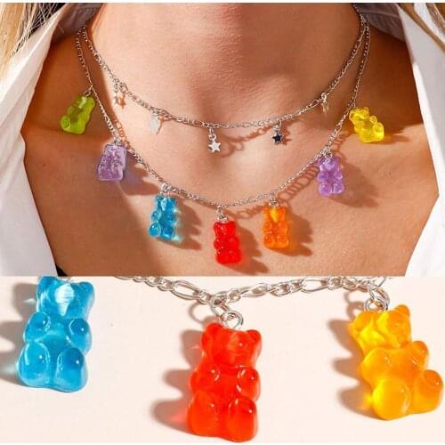 Summer New Fashion 7 Colors Jelly Candy Bear Necklace Double Layer Star Drop Y2K Jewelry Gift