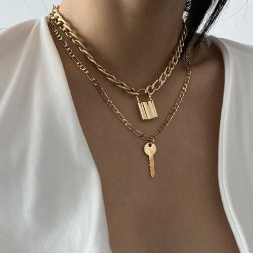 Punk Multilayer Padlock Key Long Pendant Necklace Cuban Link Chain Choker Necklace For Women Gold Color Collar Jewlery